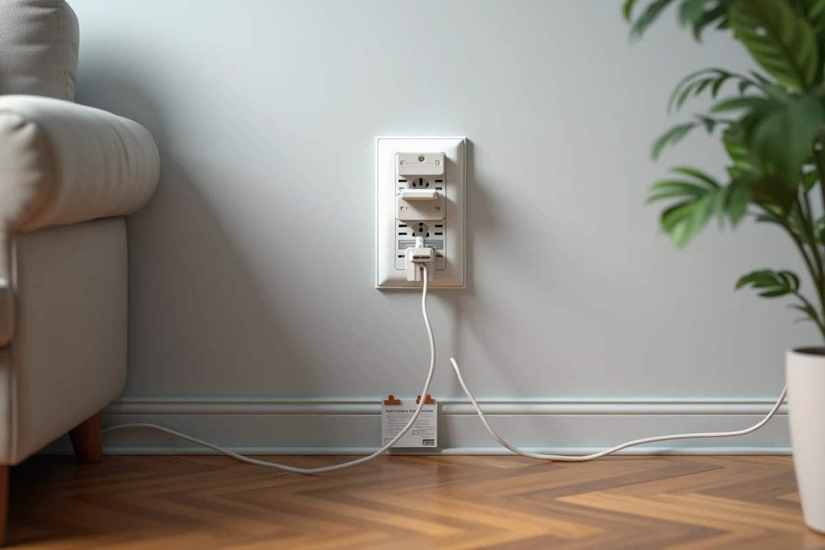 Vue large d'un salon français avec une multiprise branchée sur une prise murale de type E, illustrant l'utilisation domestique courante et les bonnes pratiques électriques selon les normes françaises.