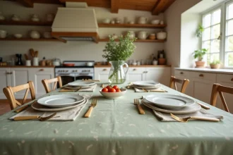 Nappe en coton enduit vert sauge sur une table de cuisine rustique avec assiettes blanches et accessoires en bois