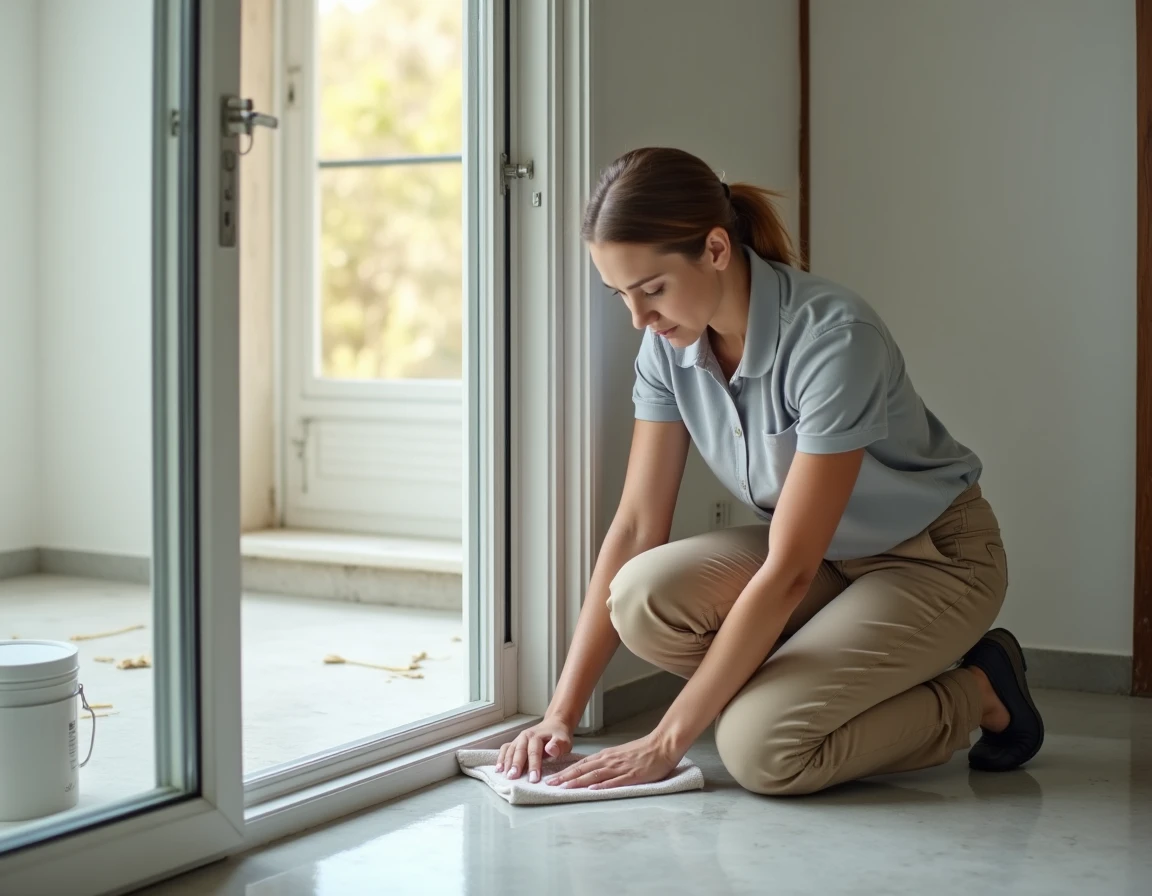 Femme technicienne nettoyant les résidus de colle sur un cadre de porte coulissante PVC en fin de rénovation d'appartement