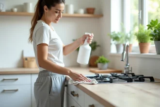 Femme utilisant un seul produit ménager multifonction pour nettoyer le plan de travail de cuisine rapidement