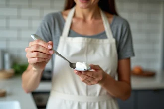 Femme nettoyant une cuillère en argent noircie avec un dentifrice blanc et une brosse à dents dans une cuisine moderne
