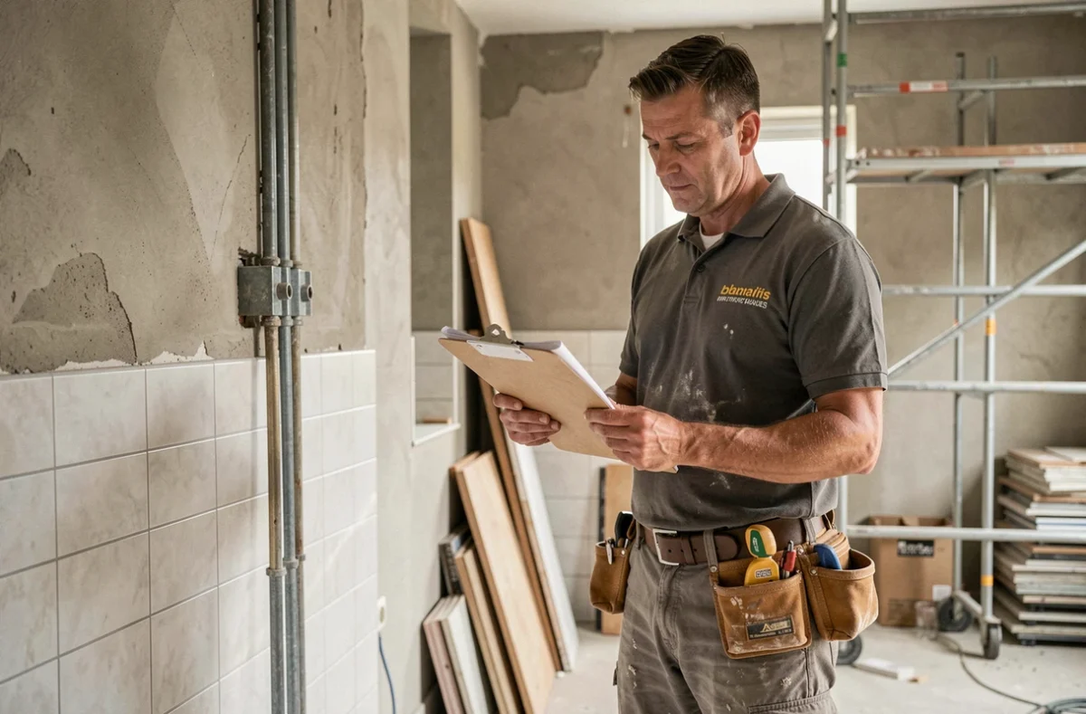 Professionnel du bâtiment tous corps d'état supervisant la rénovation d'une salle de bain dans le Nord-Pas-de-Calais