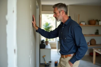 Ouvrier en construction inspectant un mur fraîchement plâtre