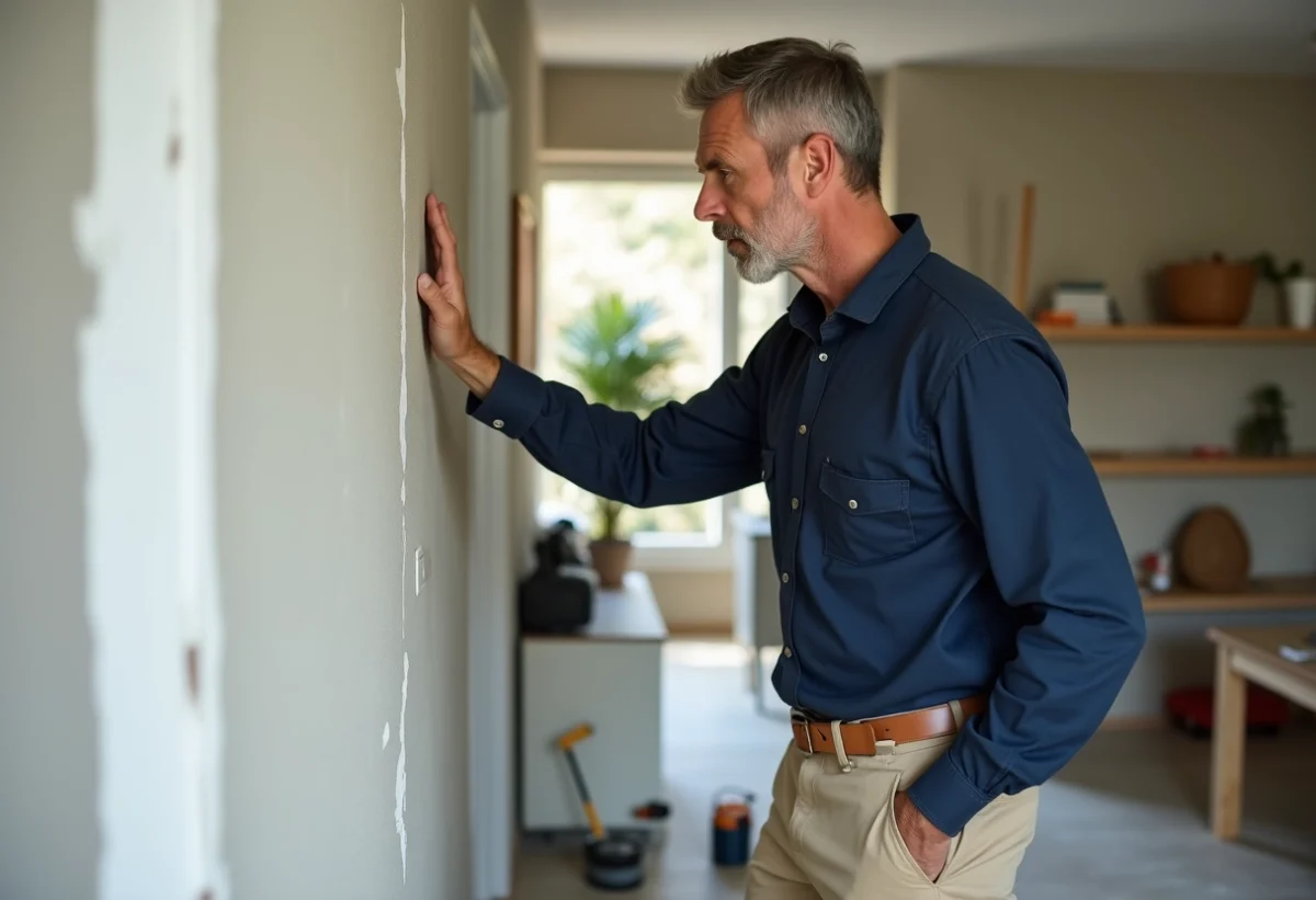 Ouvrier en construction inspectant un mur fraîchement plâtre