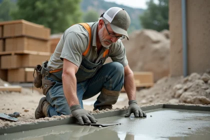 Ouvrier en plein travail sur une dalle de béton en construction