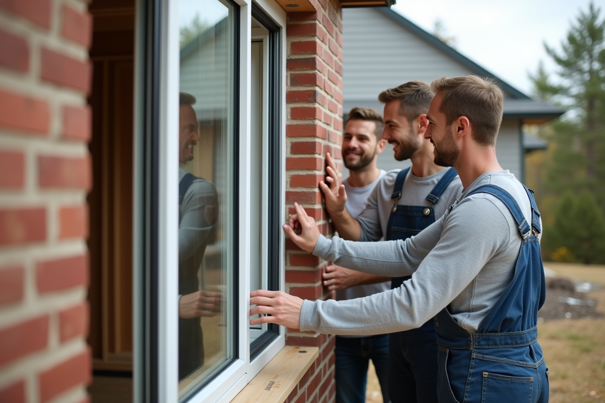 Ouvrier montrant la section d isolation d une fenetre aux jeunes couples