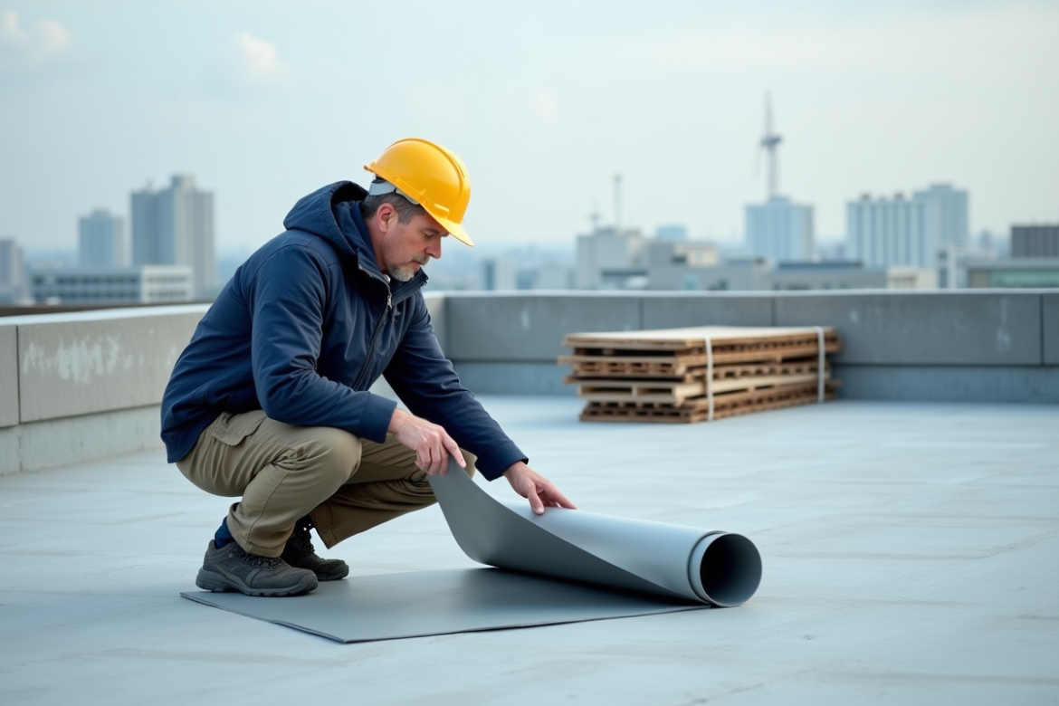 Ouvrier sur toit moderne examinant une membrane étanche