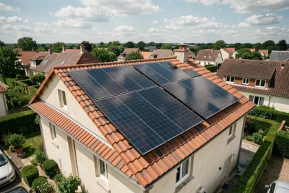 Panneau solaire de 2000 W installé sur un toit de maison individuelle en France avec tuiles en terre cuite