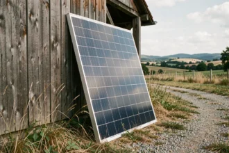 Panneau solaire monocristallin 300W 12V appuyé contre un mur de grange en bois dans la campagne française