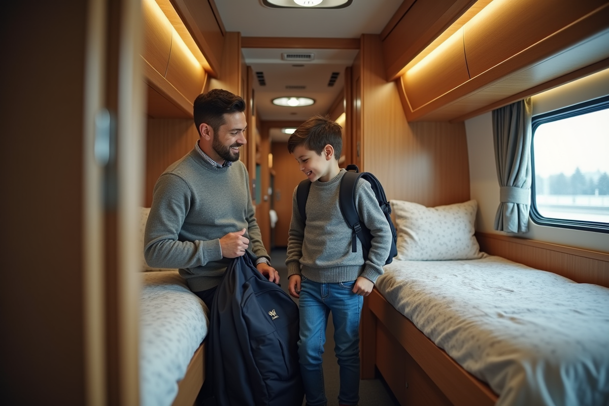 Père et fils organisant leurs sacs dans un train de nuit