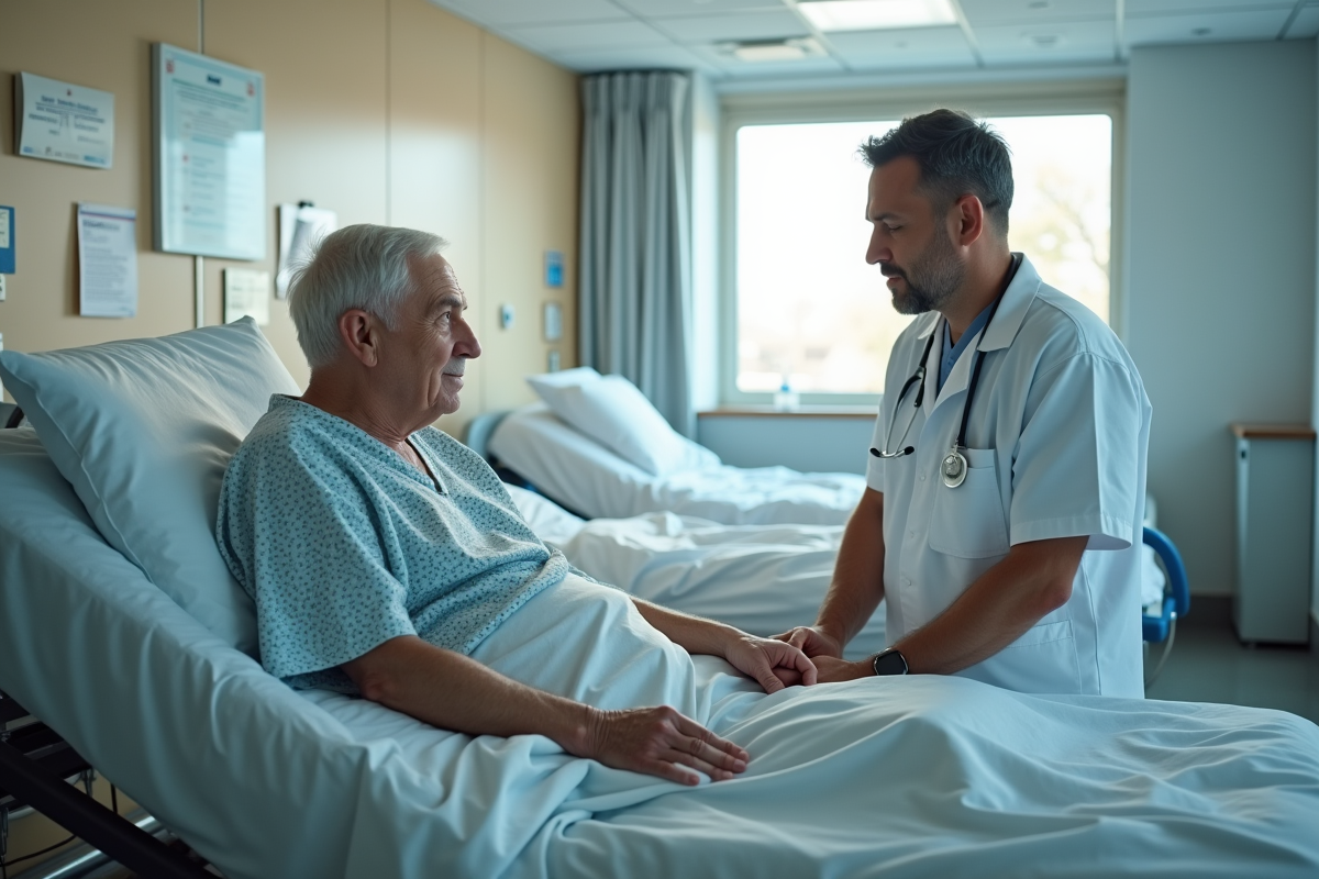 Patient âgé assis sur un lit d