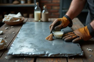 Artisan appliquant du vinaigre blanc sur une plaque de zinc pour créer une patine naturelle dans un atelier