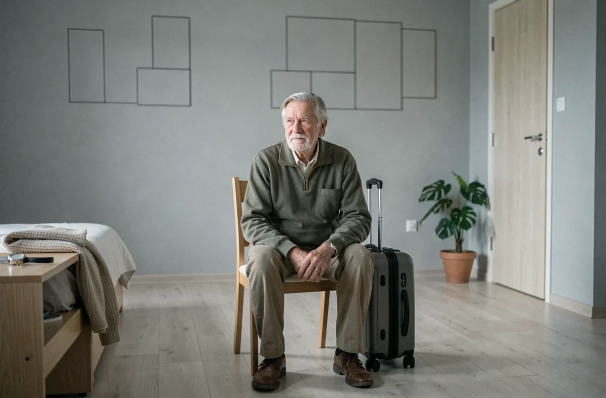 Personne âgée assise dans une chambre vidée avant un départ en maison de retraite après un débarras complet