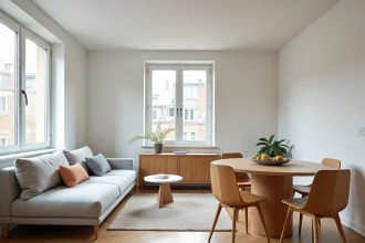 Plan type d'un petit salon et salle à manger ouverts dans un appartement moderne bien proportionné