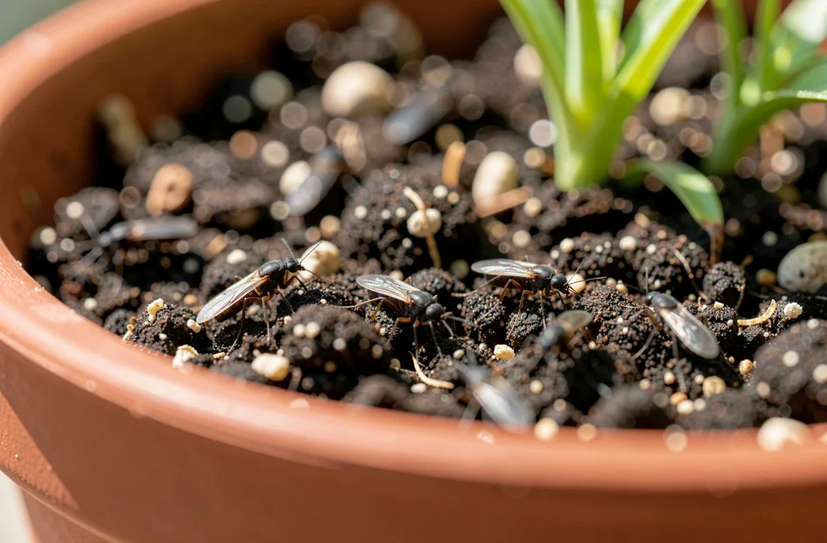 Petits moucherons noirs posés sur le terreau d'une plante verte