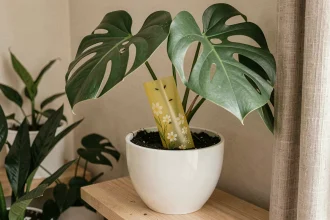 Piège à moucherons jaune collant inséré dans la terre d'un monstera en pot pour protéger les plantes vertes d'intérieur