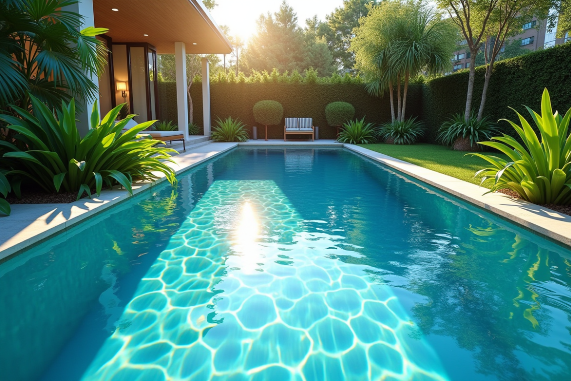 Piscine moderne dans un jardin verdoyant ensoleille