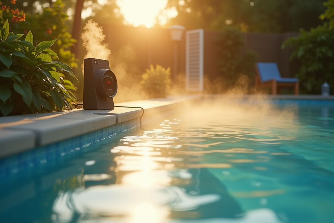 Piscine dans le jardin au matin avec lumière dorée et vapeur