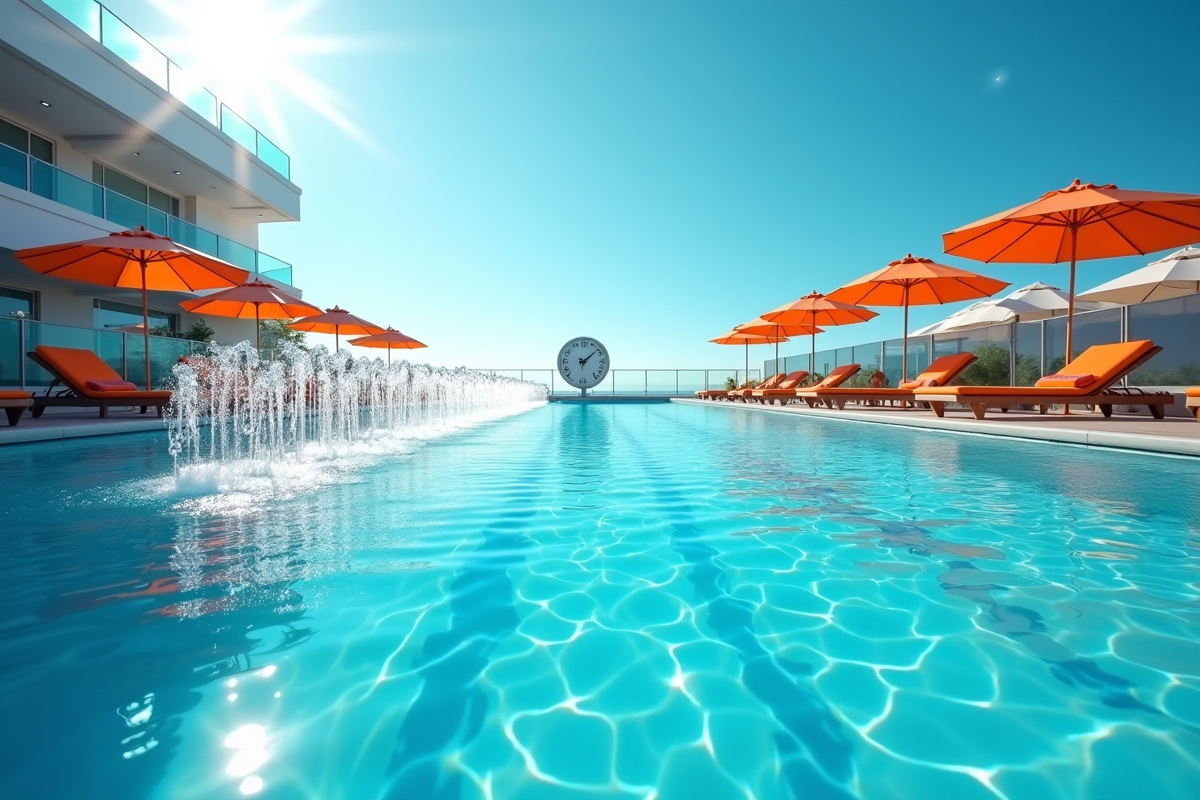 Piscine moderne en plein jour avec personnes et jets d