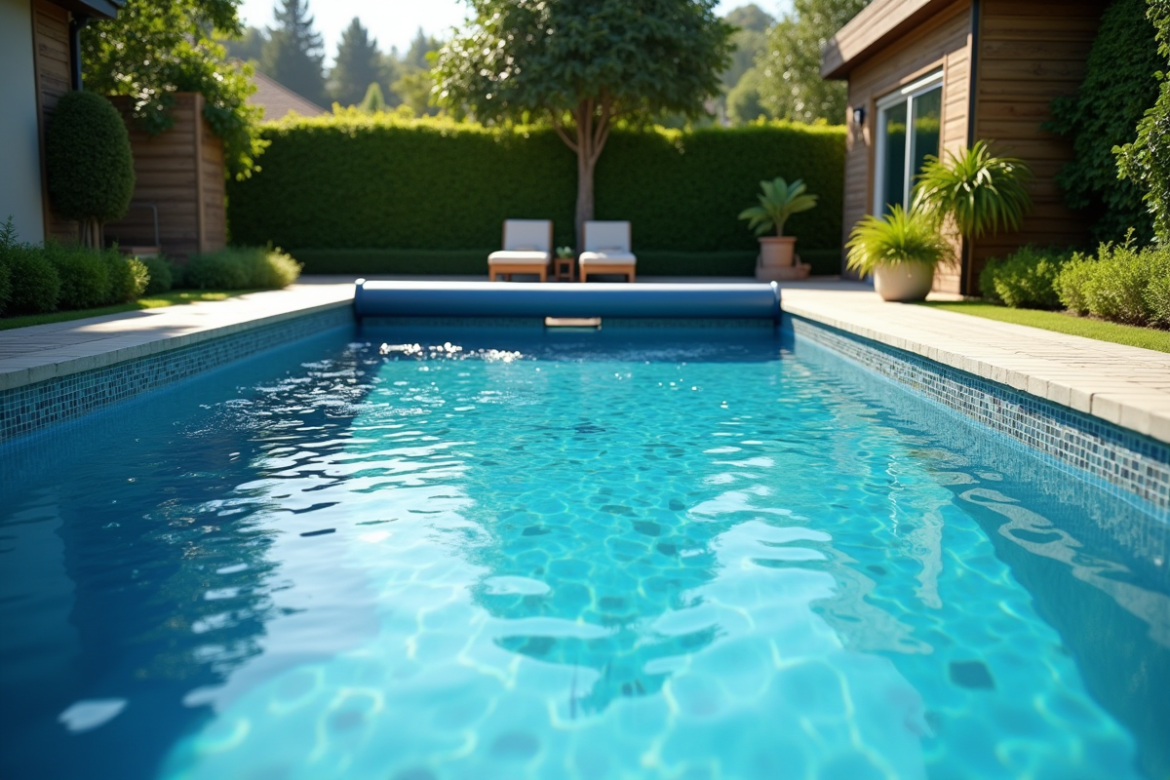 Piscine privée avec couverture automatique partiellement déployée