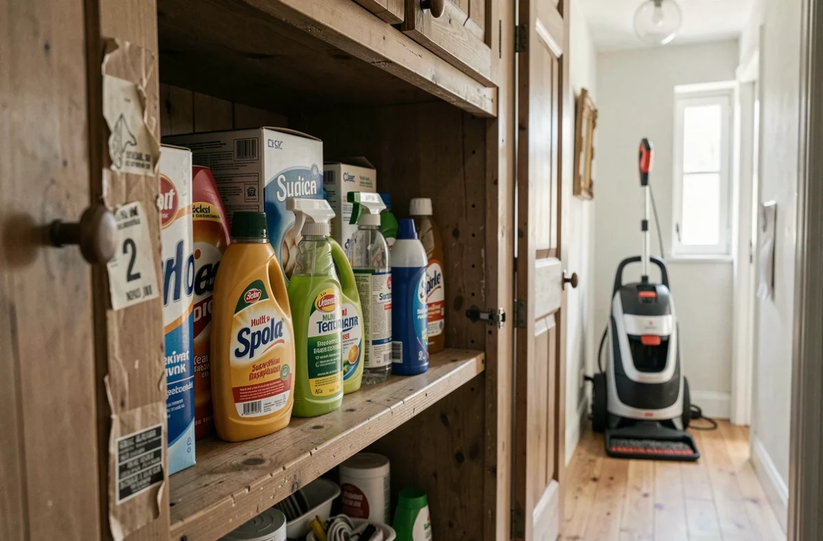 Placard de cuisine avec produits ménagers courants dont lessive et liquide vaisselle près d'une shampouineuse