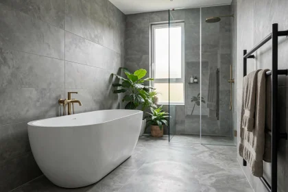 Plan 3D ultra réaliste d'une salle de bain moderne avec baignoire îlot, carrelage gris et robinetterie en laiton brossé