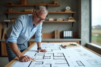 Architecte étudiant un plan de maison de plain-pied 4 chambres sur une table à dessin en studio
