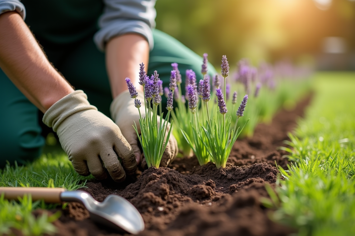 Mains de jardinier plantant de la lavande en rangée dans le jardin