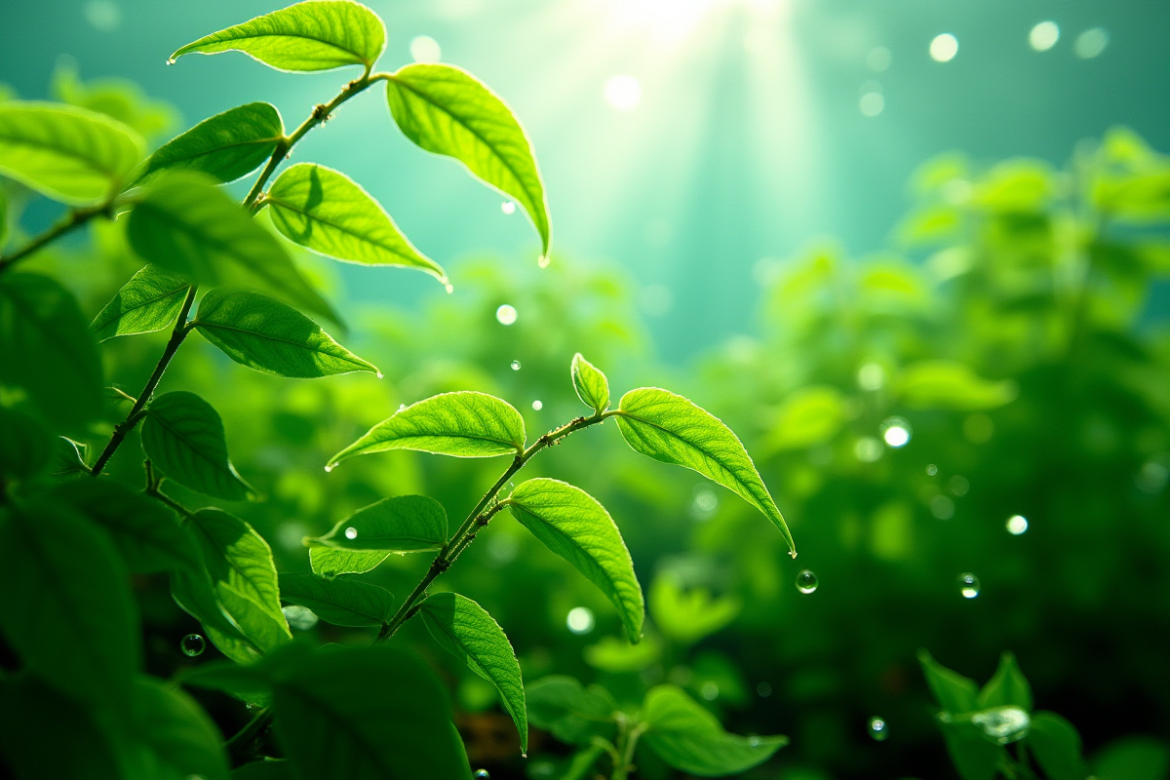 Plantes d'elodea vertes sous l'eau avec bulles et lumière naturelle