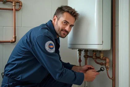 Plombier professionnel inspectant un chauffe-eau mural lors d'un entretien annuel