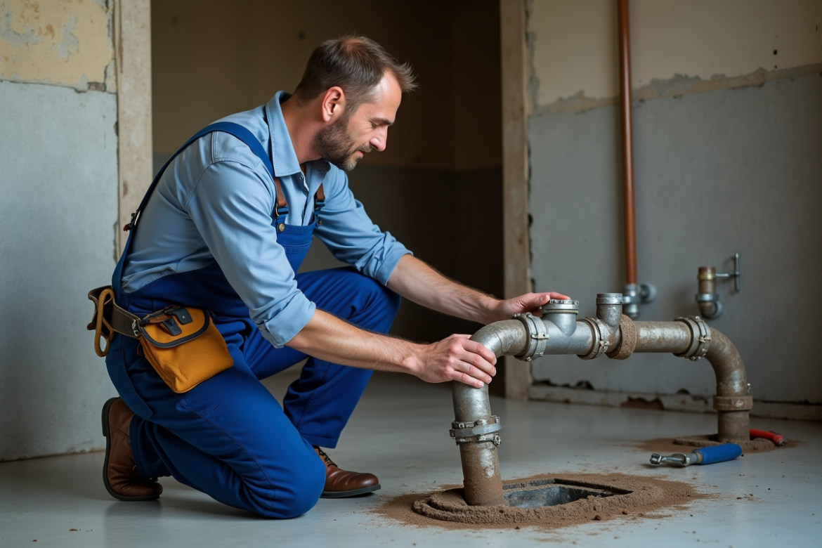 Plombier inspectant un tuyau en metal corrode dans une cave