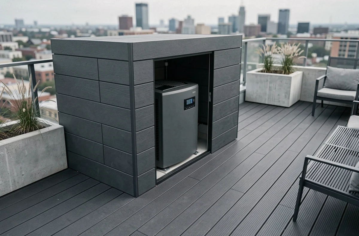Pompe à chaleur intégrée dans un caisson composite sur une terrasse urbaine contemporaine