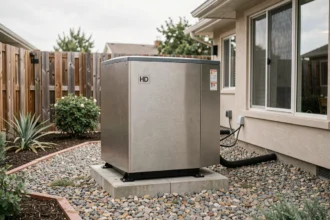 Pompe à chaleur extérieure installée sur une terrasse de maison individuelle avec fond de jardin contemporain