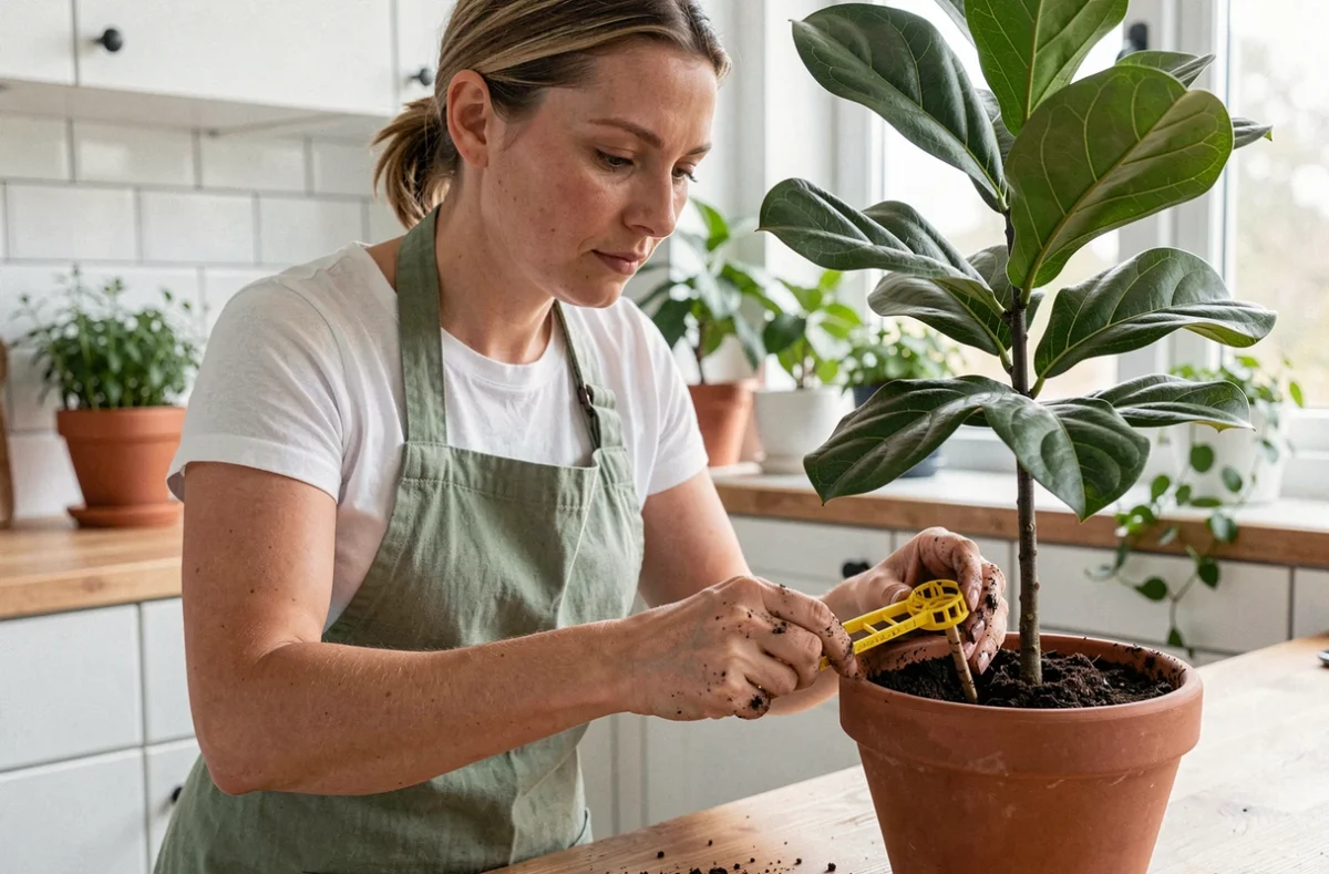 Femme plaçant un piège à moucherons dans le pot d'un figuier lyré dans une cuisine moderne aux plantes vertes