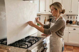 Femme appliquant une tapisserie lavable sur le mur d'une cuisine moderne avec crédence derrière une gazinière