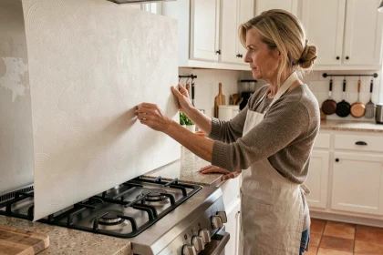 Femme appliquant une tapisserie lavable sur le mur d'une cuisine moderne avec crédence derrière une gazinière