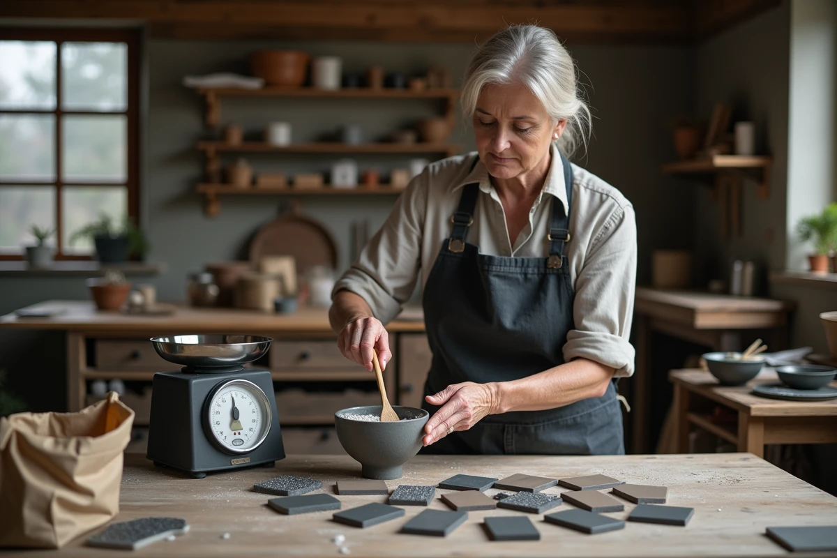 Femme préparant une solution d'acide citrique pour patiner des carreaux en zinc dans un atelier artisanal