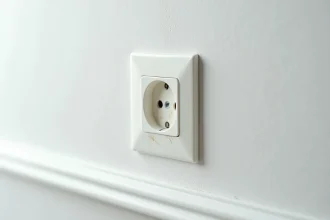 Gros plan d'une prise murale française de type E encastrée dans un mur blanc, montrant les deux broches rondes et la mise à la terre centrale conforme aux normes électriques françaises.