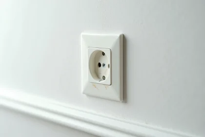 Gros plan d'une prise murale française de type E encastrée dans un mur blanc, montrant les deux broches rondes et la mise à la terre centrale conforme aux normes électriques françaises.