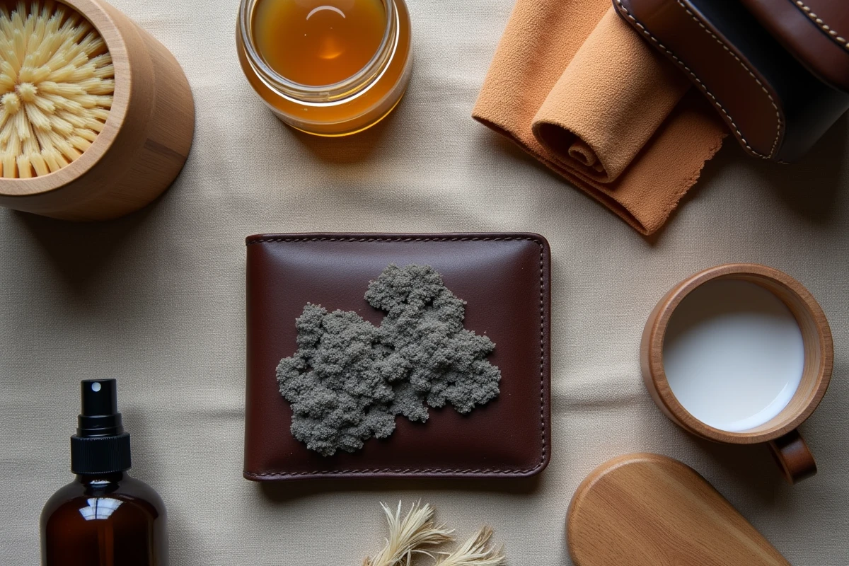 Portefeuille en cuir moisi entouré de produits et outils de nettoyage du cuir sur une table en bois