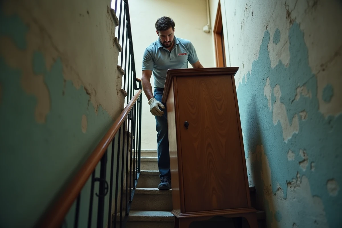 Professionnel du débarras portant une armoire dans un escalier d'immeuble résidentiel