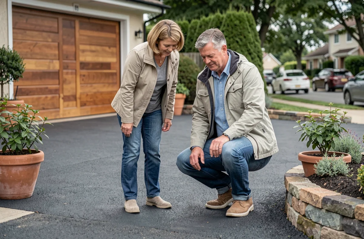 Couple de propriétaires inspectant leur allée résidentielle nouvellement enrobée devant leur garage