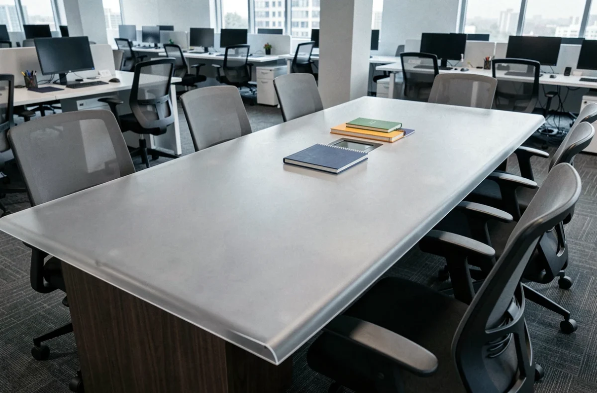 Protection plastique dépoli recouvrant une grande table rectangulaire dans un bureau moderne en open space