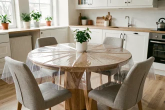 Protection plastique transparente sur une table ronde en bois dans une cuisine scandinave, laissant apparaître le grain du bois
