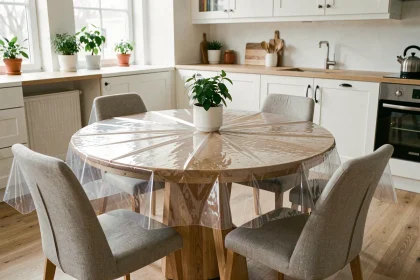 Protection plastique transparente sur une table ronde en bois dans une cuisine scandinave, laissant apparaître le grain du bois