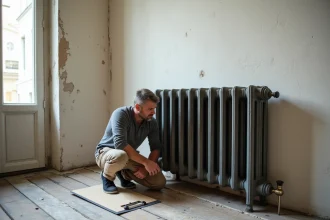 Homme inspectant un radiateur en fonte d'occasion dans un appartement en cours de rénovation