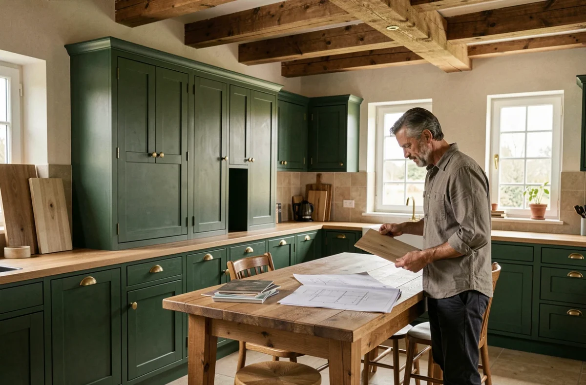 Designer de Redureau Design présentant une cuisine sur mesure en bois et laiton dans une maison près de Sèvremoine