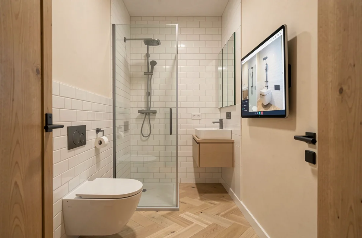 Rendu photo réaliste d'un plan 3D de petite salle de bain avec douche à l'italienne et carrelage métro blanc
