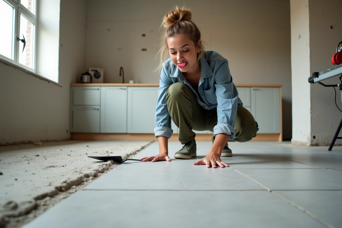 Femme posant du carrelage en grès cérame dans une cuisine rénovée soi-même pour valoriser un bien avant revente