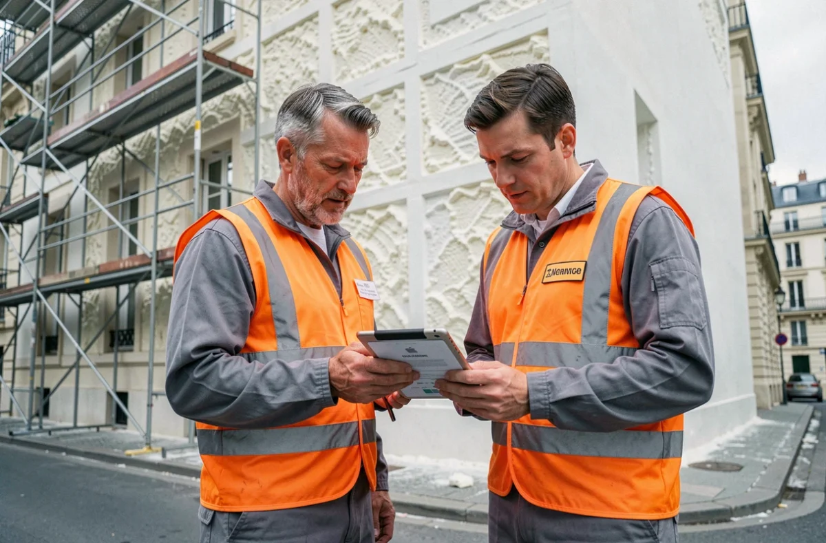 Équipe de Rénovation Énergétique et Façade inspectant une façade isolée à Paris